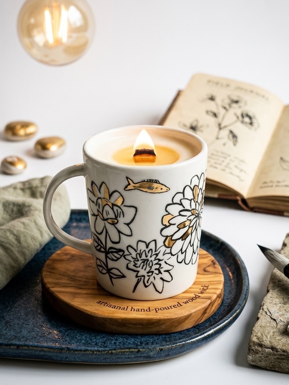 Anthropologie Upcycled Ceramic Coffee Mug Candle Floral & Gold Fish Wooden Wick